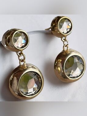 Smokey Multifaceted Crystal Gold Tone Drop Statement Earrings